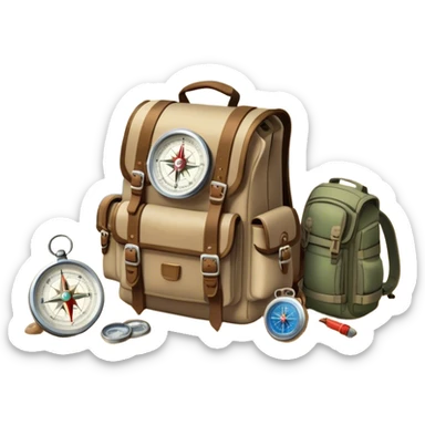 Icon for Expeditions: a compass, a map, a backpack with trekking gear, and a rugged expedition jeep, set against a backdrop of snowy mountains, sand dunes, and tropical islands. The icon should capture the spirit of adventure and exploration in diverse landscapes. Transparent background. sticker