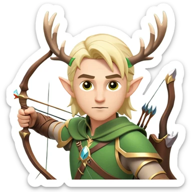 clash-of-clans-aesthetic-blond-male elf-archer-portrait-emoji, rendered in a flat, vector-style with minimal shading and bold holding his bow, simplified shapes, head tilted slightly forward with a determined, focused expression, riding a majestic stag whose antlers glow with mystical energy, set against an ancient, enchanted forest backdrop. sticker