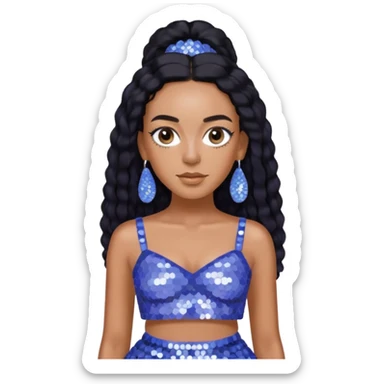 Solange with long black hair, periwinkle sequin crop top, periwinkle sequin skirt, periwinkle earring sticker