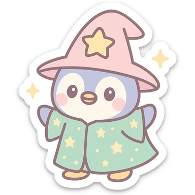 adorable penguin dressed as a wizard, starry robe, sparkles, fantasy vibe sticker