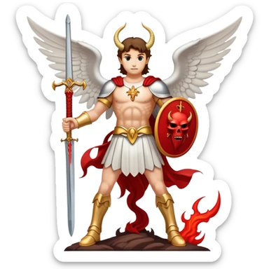 saint michael standing over satan with sword sticker