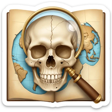 An icon featuring a human skull and fossils, representing anthropology. The design includes a magnifying glass and a map of ancient human migration paths, symbolizing the study of human evolution and cultures. Transparent background highlights the scientific exploration of humanity’s past. sticker