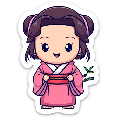 chibi Nezuko with pink kimono and bamboo muzzle in her mouth sticker