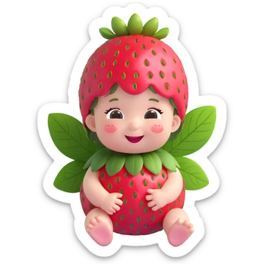3D cartoon-style strawberry fairy baby, round face, pink skin, strawberry leaves and a small strawberry on top, laughing expression sticker