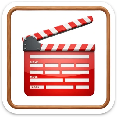 Bright red glossy movie clapper with a folded upper striped bar and light glare sticker