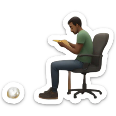 a man sits and studies something new, a product flies in the background sticker