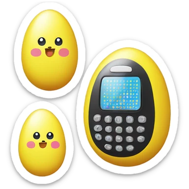 Tamagotchi: A small, egg-shaped digital device with a screen and three buttons, Tamagotchi displays a pixelated pet  sticker