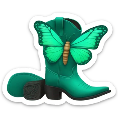 Green butterfly flying around a teal cowboy boots sticker