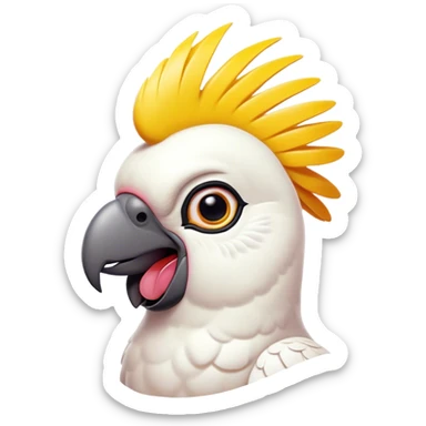 Cinematic Comical Cockatoo Portrait Emoji, Head tilted dramatically with an exaggeratedly shocked expression, featuring a striking, crest-adorned head with wide, comically expressive eyes full of playful disbelief and a vibrant, animated beak, Simplified yet hilariously expressive features, highly detailed, glowing with a slightly sassy tropical glow, high shine, dramatic yet playful, stylized with an air of cheeky avian mischief, soft glowing outline, capturing the essence of a meme-worthy cockatoo that looks ready to squawk its way into viral fame! sticker