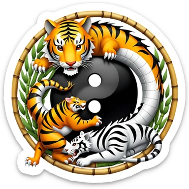 An icon symbolizing Eastern martial arts in the style of an emblem, featuring a black-and-white Yin-Yang symbol, a dragon, and a tiger. The dragon and tiger represent strength and agility, surrounding the symbol. Traditional elements like bamboo add to the design. Transparent background. sticker