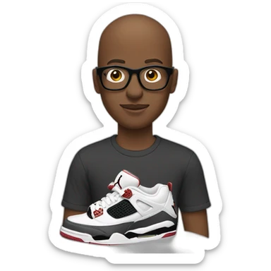 Bald young black man with glasses eye rolling holding Jordan Sneakers sticker