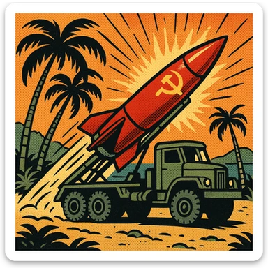 Soviet missile launcher with a missile on board located on a tropical island sticker