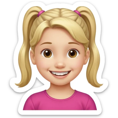 Little girl with ponytail smiling missing two bottom teeth  sticker