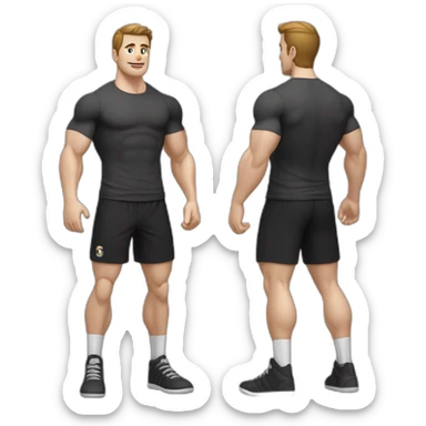 Pale skinned Fit Man With the biceps and dark brown hair in black shirt, gray sports shorts and white Sneakers Relies on the crossbar sticker