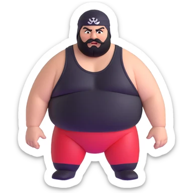 Close-up of morbidly obese white skin guy with young face, prominent BLACK DURAG tied clearly on head, distinct black beard and mustache, no muscle, black eyes in a red and black wrestling singlet with angry face sticker
