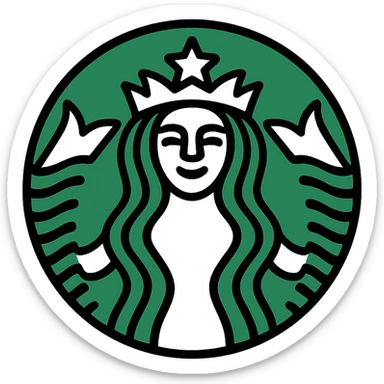 Starbucks mermaid, stylized, circular badge, green and white sticker