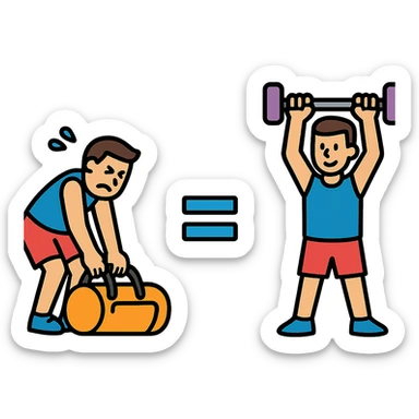 The picture is devided into two parts  the firts picture shows asportsman is struggling to lift a gymbag, the second one show the same sportsman doing a workout. There's sybmol equal between these pictures sticker