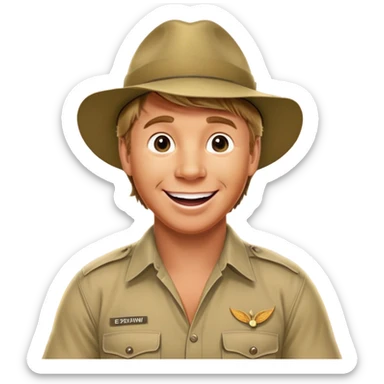 Cinematic Realistic Steve Irwin Portrait Emoji, depicted as a passionate wildlife expert in his signature khaki attire with an enthusiastic smile and a backdrop of the Australian outback, rendered with vibrant textures and dynamic natural lighting that captures his adventurous spirit. sticker