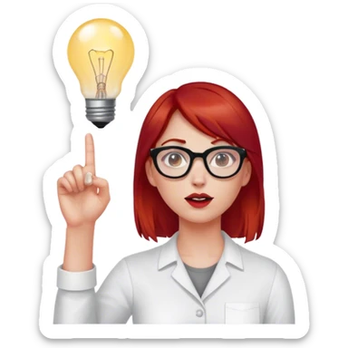 intelligent and clever, 30 year old, girl, red-blood hair, glasses, has an idea and holds her finger in the air, light bulb over the head sticker