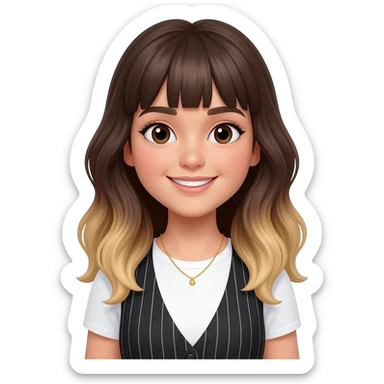 An adult girl with an oval-shaped face and feminine features, long dark brown wavy hair fading to blonde at the ends with light bangs. Thick dark eyebrows, large expressive eyes, and a warm smile. She is wearing a white T-shirt with a black striped vest and a delicate golden necklace. sticker