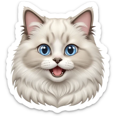cinematic-adorable-big-eyed-fluffy-ragdoll-cat-portrait-emoji,-head-tilted-playfully-with-a-cute,-yawn,-white and grey fur,-simplified-yet-irresistibly-cute-features, blue eyes sticker