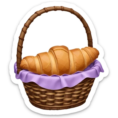 There is a croissant with chocolate syrup in a wicker pale purple basket. sticker