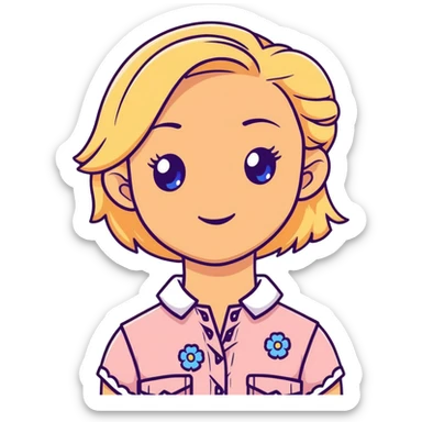 preppy coastal teen girl with blue eyes, beach blonde hair, tan skin, small flowers in her ear, preppy beach outfit sticker