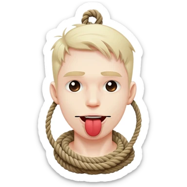 A man with a rope tied by his neck, x mark eyes and the tong is out sticker