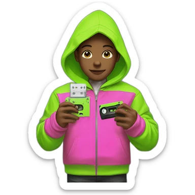 boy in neon green hoodie with cassette in his hand sticker