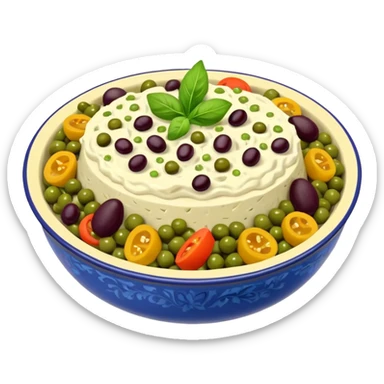 Salată de boeuf: a Romanian festive salad made with finely chopped boiled vegetables, pickles, peas, and beef or chicken, all mixed with mayonnaise and decorated with olives and pickles. sticker