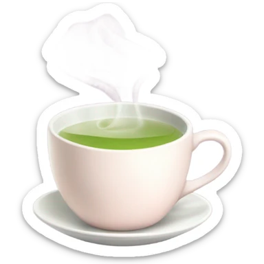 a white cup of steaming green tea with a light-pink teabag tag sticker