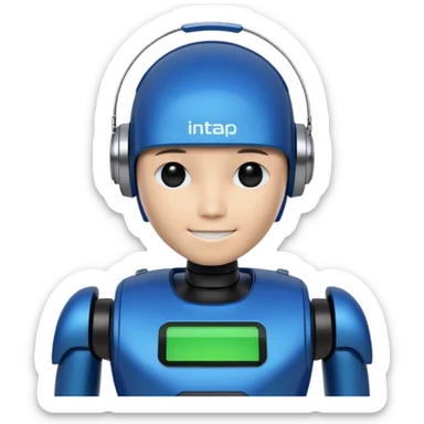 A sleek, very meme robot avatar designed in a modern tech style. The robot has an LED display face showing a subtle smile, and its body is detailed using Intapp brand colors:

Intapp Blue (#207CEC)
Bright Green (#22ECCF)
Dark Blue (#003C80)
Black (#021123) sticker