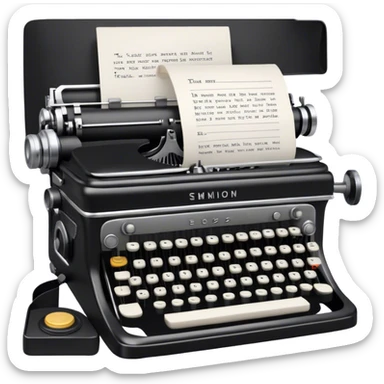 Create an emoji representing screenwriting. The design should feature an open script with visible dialogue and action lines, symbolizing the writing of a screenplay. Include a classic typewriter to signify the process of creating a script and a movie camera behind . Use a professional color palette with black, white, and subtle metallic tones. Do not include any emojis or smiley faces. Make the background transparent. sticker