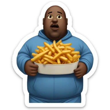 fat man in dirty blue sweatsuit with chili cheese fries in his mouth sticker