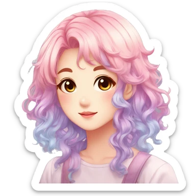 Gorgeous anime style shojo character with blushing face aesthetic and pretty colorful shiny gradient pastel hair with hair garment trending style sticker