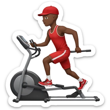 dark skin bald African American man on elliptical machine with red tank shirt and black shorts and backwards facing baseball hatcap sticker