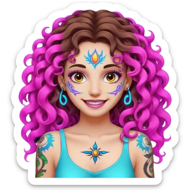 woman with long curly brown hair, brown eyes, white skin, tattoos, fake innocent smile with chaotic neon aura sticker