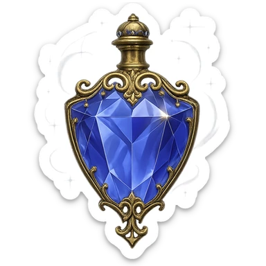 crystal luxurious elixir bottle in shield shape, color #7986cb, lots of shining, edges, ornaments, golden details, magical effects, very small golden neck, transparent background, beautiful seamless base, bottle clearly floating in air, no base or shadow, very luxurious, modern, matching the collection sticker