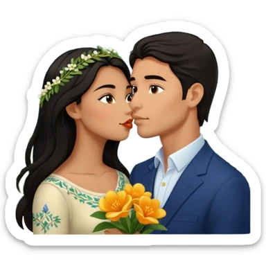 Kissing Couple traveling in Montenegro russian man and elegant  Latina girl delicate flowers and mountains in the background  sticker