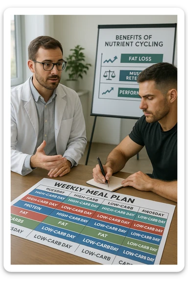 a nutritionist explains to an athlete how to cycle macronutrients for fat loss and training. On the desk, a weekly meal planner shows alternating high-carb and low-carb days, with color-coded sections for proteine, grassi, and carbo. The athlete takes notes, and a chart in the background illustrates the benefits of nutrient cycling. The mood is professional and educational. scritto in italiano sticker