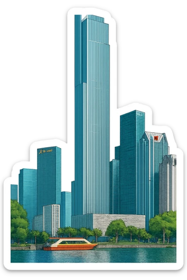 Изометричная, яркая, детализированная, объемная и фотореалистичная иллюстрация башни Guangzhou CTF Finance Centre. В стиле 3D-коллажей городов, насыщенные цвета, аккуратные и чёткие линии, мультяшно-реалистичная стилистика. Чёткие контуры, не размазанные линии, высокое качество, прозрачный фон, не обрезать края картинки sticker