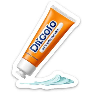 an empty, oversized and totally squeezed out tube of toothpaste labelled "Diclo ratiopharm". It is squeezed out to the last drop. Basic color is orange yellowish. sticker