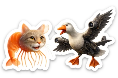 Combine the two creatures side by side in one image. The cat-shrimp should have a happy expression and the goose-plane should have an angry expression. Keep their original colors, details, and realistic style unchanged. Use a transparent background. sticker