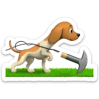 Have only green grass under Pack hound standing on green grass pulling an anvil with  an electric shaver under anvil  show the green grass behind the anvil lower cut grass path behind anvil.showing a shaven  path along green grass by leads or chains. Show the shaver cutting the grass sticker