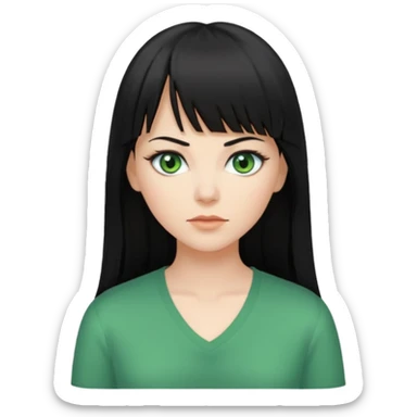 A white woman with Long straight hair with bangs, black hair, green eyes and a low-cut shirt sticker