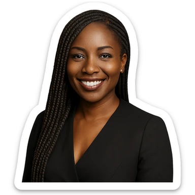 a Nigerian Black woman smiling with braided hair, elegant, warm expression, clear background sticker