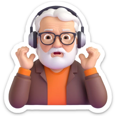 Brown old man with medium white hair, wearing glasses and headphones, looking surprised and angry, no facial hair, chubby, looking to the upper left corner sticker