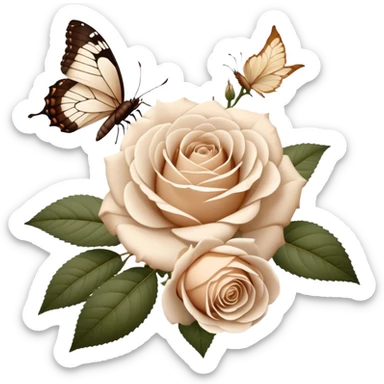 A bouquet of white Ascott tea roses next to a beige aesthetic vintage style leaf and a brown beautiful butterfly sticker