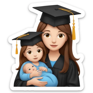 "Woman with long brown hair and fair skin wearing a graduation cap, holding a baby who has a hat and fair skin." sticker
