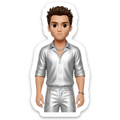 AJ McLean from Backstreet Boys with brown eyes, dark brown hair, white metallic shirt, white metallic baggy pants, silver necklace sticker